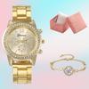 Three-eye Watch with Diamond Alloy Steel Belt Watch Women's Geneva Quartz Watch Set