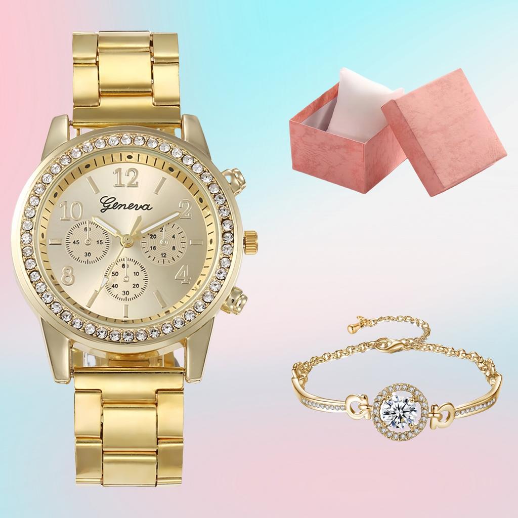 Three-eye Watch with Diamond Alloy Steel Belt Watch Women's Geneva Quartz Watch Set