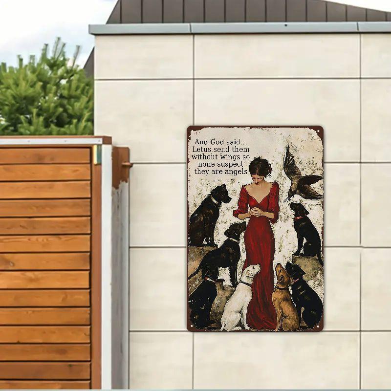Vintage Metal Wall Art for Pet Lovers, God Said Let Us Send Them Without Wings, Quote with Angelic Woman, Cat And Dog, Cafe