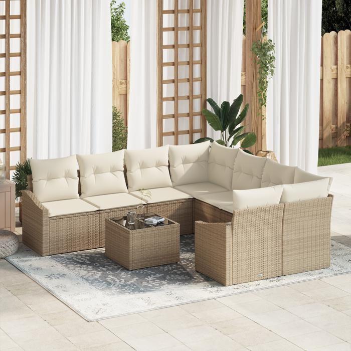 VidaXL Ensemble de salle à manger de jardin de 9 pièces avec coussins en poly rotin beige 3355330