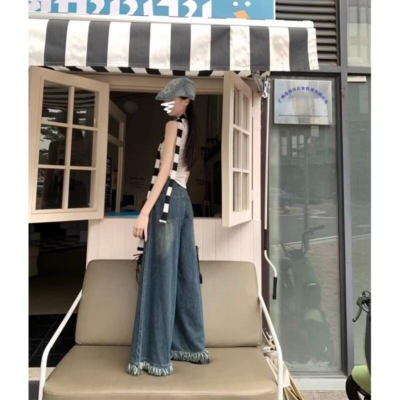 Summer 2024 Women's High-Waist Wide-Leg Retro Jeans with Raw Hem