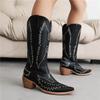 FOREADA Women Mid Calf Boots Pointed Toe Thick High Heels Rivets Embroidery Western Cowgirl Boot Ladies Fashion Shoes Winter 43