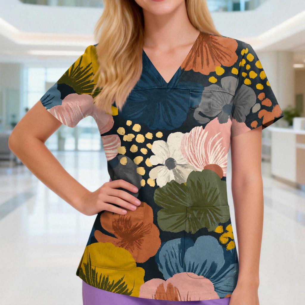 Damen V-Ausschnitt Drei-Taschen Kurzarm Retro-Print Uniform/Pflegekraft Oberteil Mit Schlitzen Am Saum