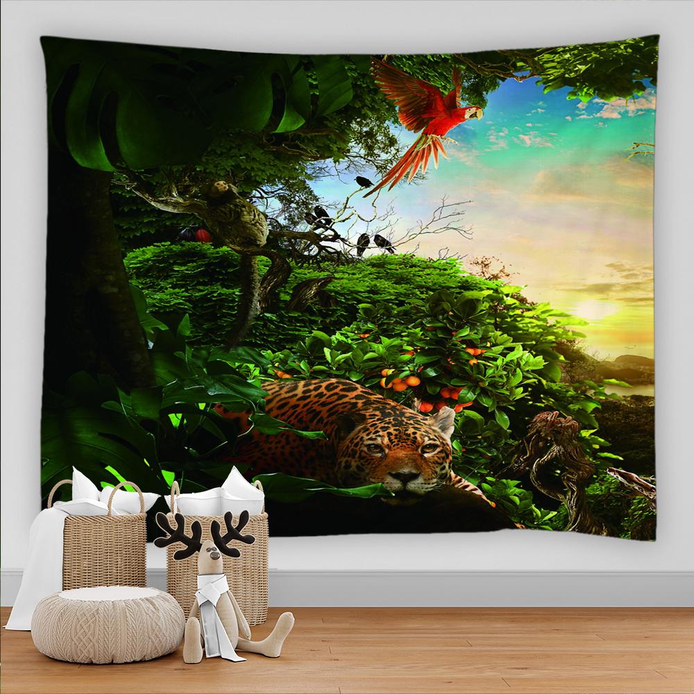 Psychedelic Forest Tapestry Wall Hanging Tropical Leaves Animal Pattern Beach Wall Tapestry Scenery Background Wall Cloth Carpet