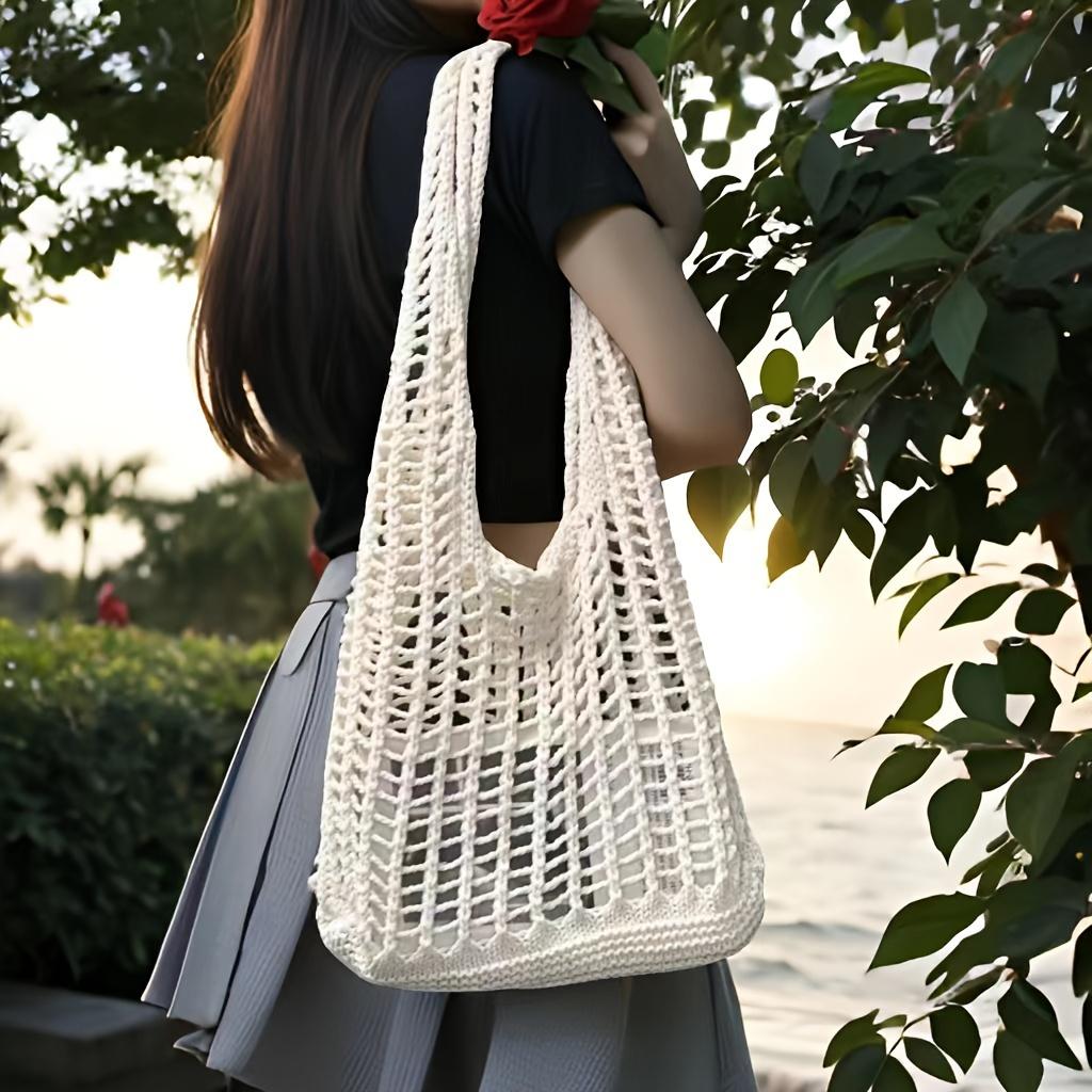 Elegant Summer Durable Beach Shoulder Bag - Minimalist Hollow Knit Solid Color With Stylish Wristlet Ideal For Holidays