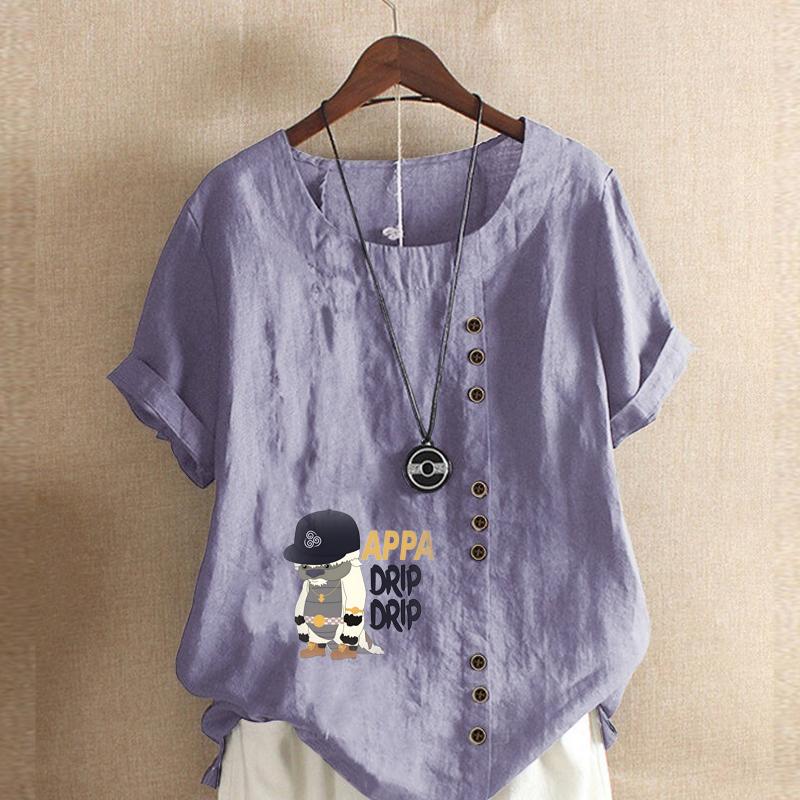 Damska Koszulka T-shirt z Okrągłym Dekoltem i Krótkim Rękawem Casualowa Bawełniana Lniana Koszula z Nadrukiem Postaci z Kreskówek Letnia Bluzka Top Plus Size