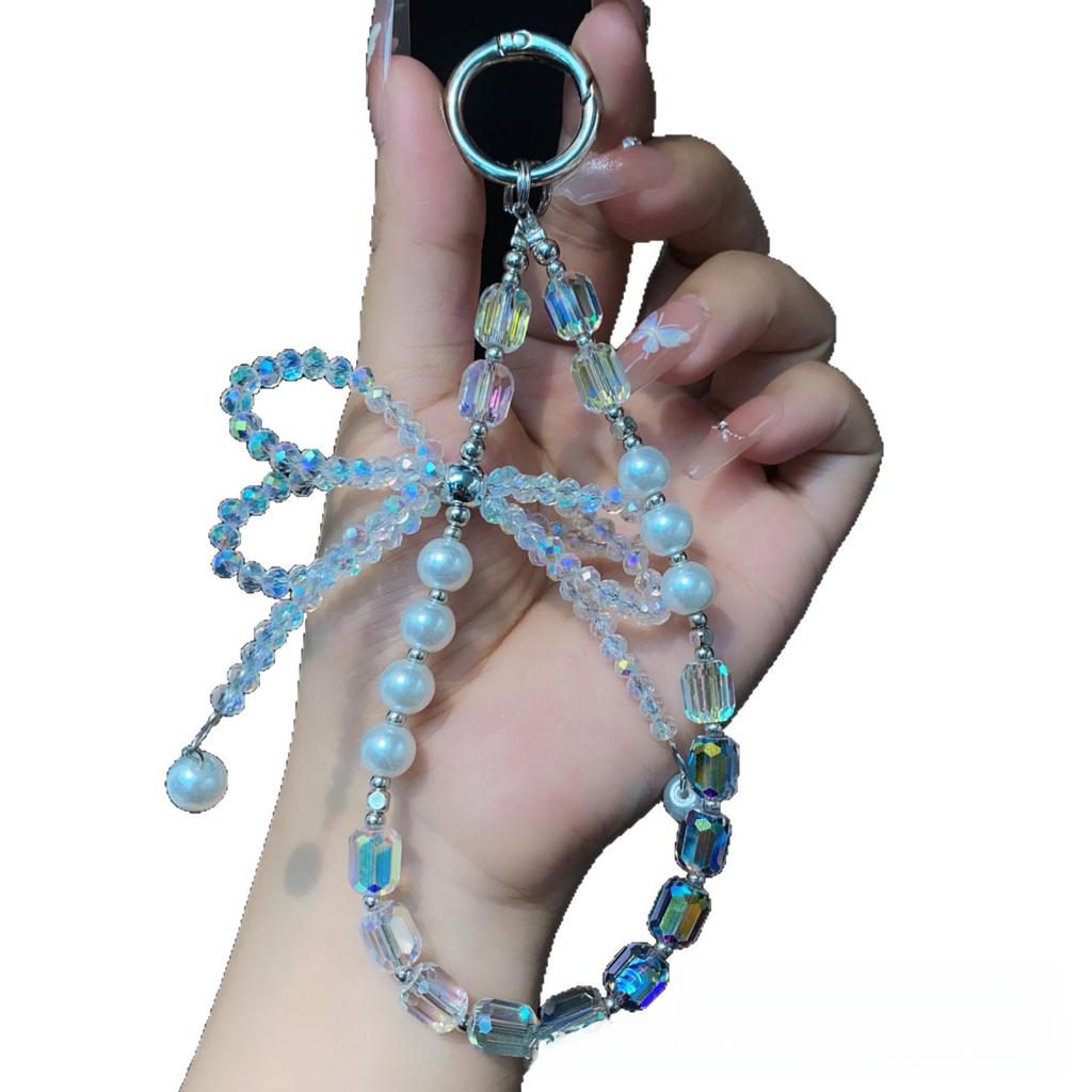 Crossbody Bowknot Phone Chain Simple Handmade Beaded Crossbody Phone Chain Bead Style Wrist Crystal Hanging Chain for Women