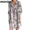 IHUASU Damen Umlegekragen Langarm Hemdkleid Sommermode Plaid Print Kleid