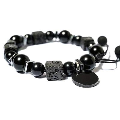 Black Bracelet Lava Square Volcanic Stone Bracelet Men'S Matte Black Glass Beads