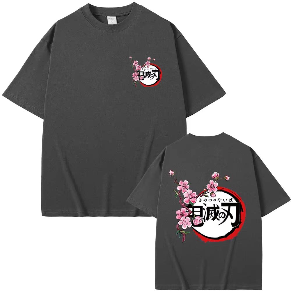 Anime Demon Slayer Cherry Blossom Logo Print T-shirt Male Summer Casual Oversized T Shirt Men Women Fashion Cotton Short Sleeves