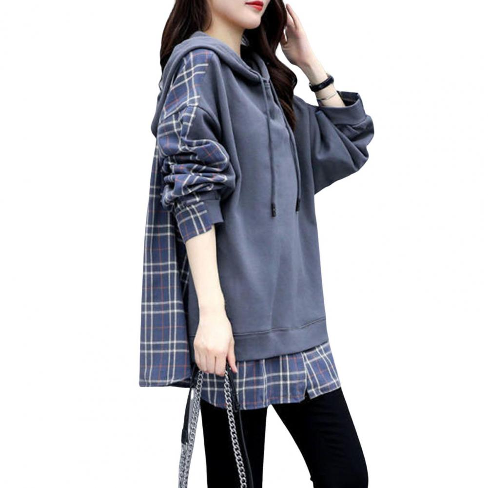 

Весна Осень Женская толстовка с капюшоном в клетку с принтом имитация двух частей средней длины с завязками и длинными рукавами пуловер повседневная одежда школьный топ XXXL темно-синий