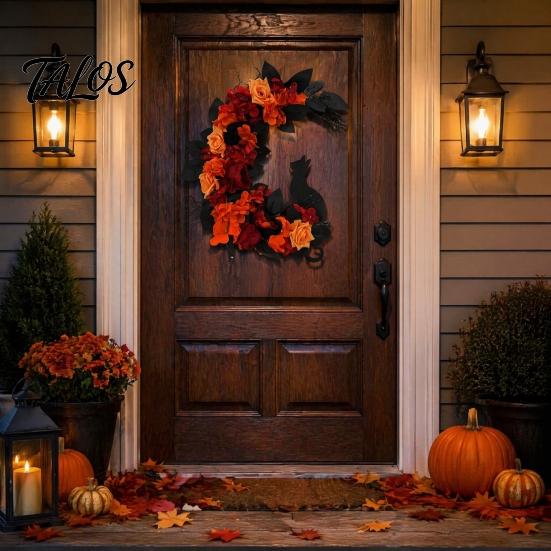 Halloween Wreath for Front Door Black Cat Moon Wreath, Gothic Crescent with Artificial Fall Rose Flowers Home Porch Wall Decor Floral