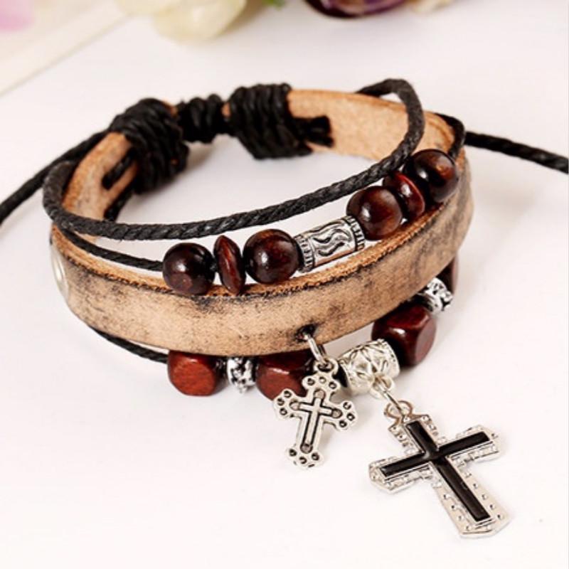 Beaded cross leather bracelet real leather bracelet punk style