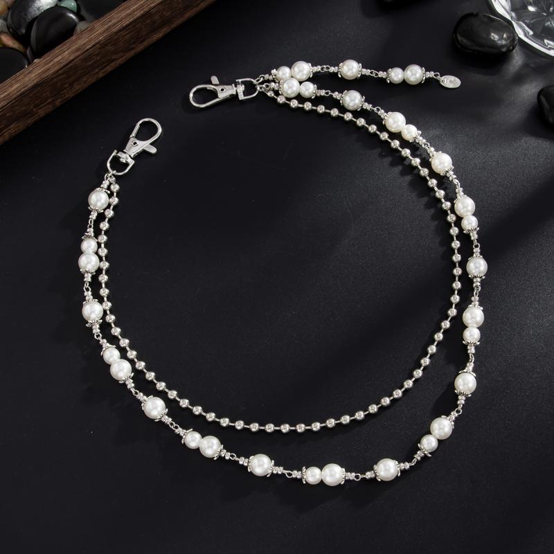 Hip Hop Multilayer Imitation Pearl Cross Charm Jeans Pants Chain Personalized Waist Chain Fashion Wallet Chain Belt Decor