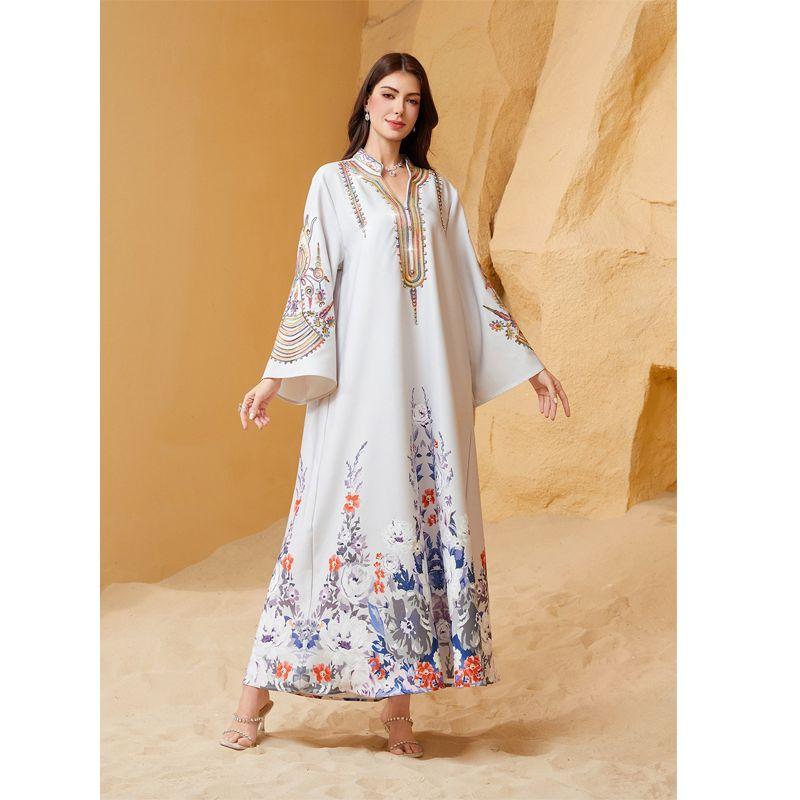 Cross-Border New Middle East Women Clothes Robe Rope Embroidery Dubai Travel Leisure White Plus Size Dresses Long Dress
