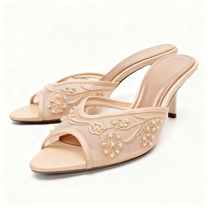Luxury String Bead Mesh Embroider Heeled Slippers Women Sexy Pointed Toe Peep Toe Slide Sandals Summer Elegant Designer Shoes