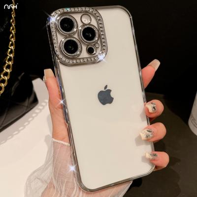 For For Iphone 16 15 Pro Max Transparent Plating Flash Diamond Frame Phone Case For For Iphone 11 12 13 14 Plus 16E 17 Air Cover