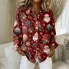 Women's Christmas Printed Button Up Long Sleeved Casual Regular Shirt With Collar Top