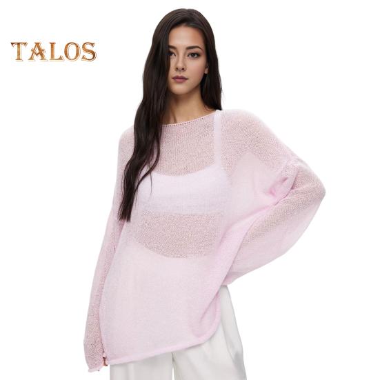 Women Knitting T-shirt Round Neck Flared Long Sleeve Hollow Tee Shirt Solid Color Loose Fit See-through Thin Knitting Tops
