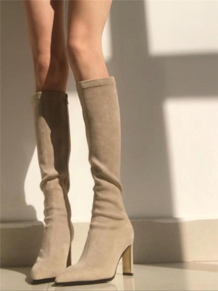 Nude high-heeled long boots New year's models but knee elastic thin boots pointed thick-heeled boots