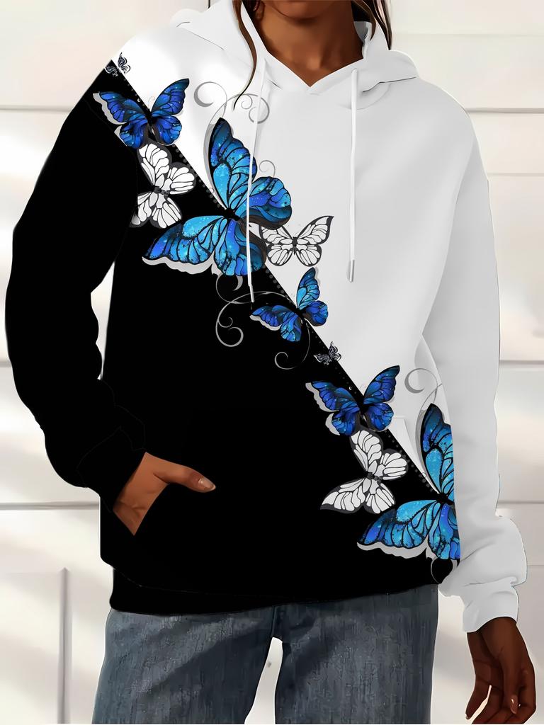 Black and White Two-color Splicing, Butterfly Print, Gentle Temperament Women's Hooded Spring and Autumn Sweatshirt