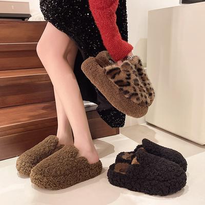Leopard Print Lamb Wool Thick Bottom Heightening Fluff Slippers Women's Autumn and Winter New Outer Wear Bag Head Fleece Warm Home Cotton Mop