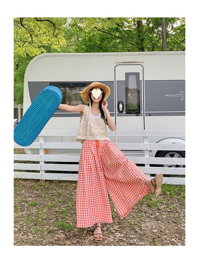 Damen Karomuster Baumwoll-Leinen Weitbein Hose - Elastischer Bund, Slim Fit, Lässiger Lockerer Schnitt