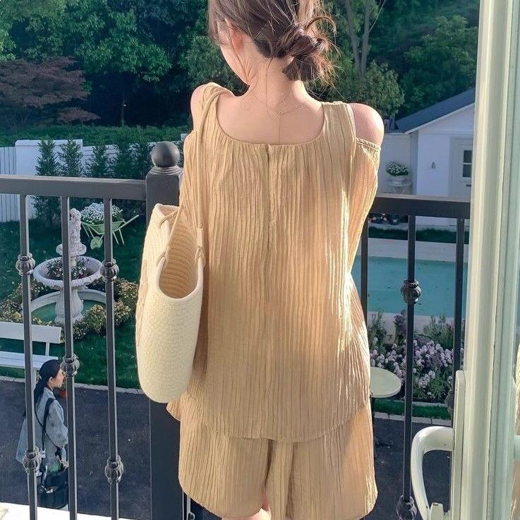 Korean Off-Shoulder Chiffon Top & Shorts Set, Women's Summer Petite Collection, Fresh & Airy Style