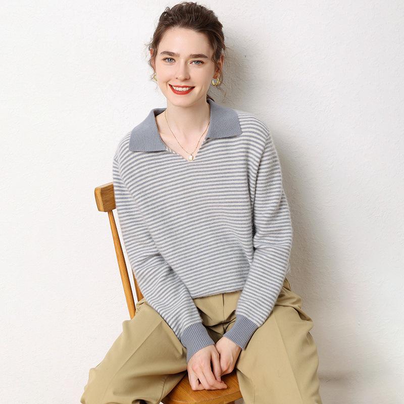 Women's Color-Block Lapel Knit Sweater: Loose Long Sleeve Stripe Base Layer for Autumn/Winter