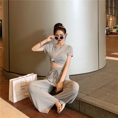 New Solid Color Slim-fit Short Belly Button Short-sleeved T-shirt for Women + Elastic High-waisted Wide-leg Pants Casual Pants Set