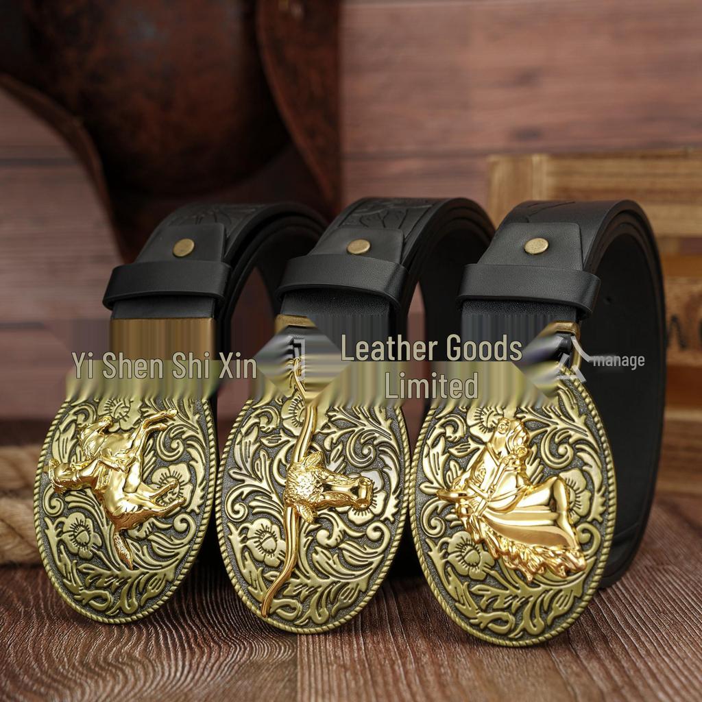 Cross Retro Green Leaf & Flower Embossed Leather Belt with Bronze Bull Head
