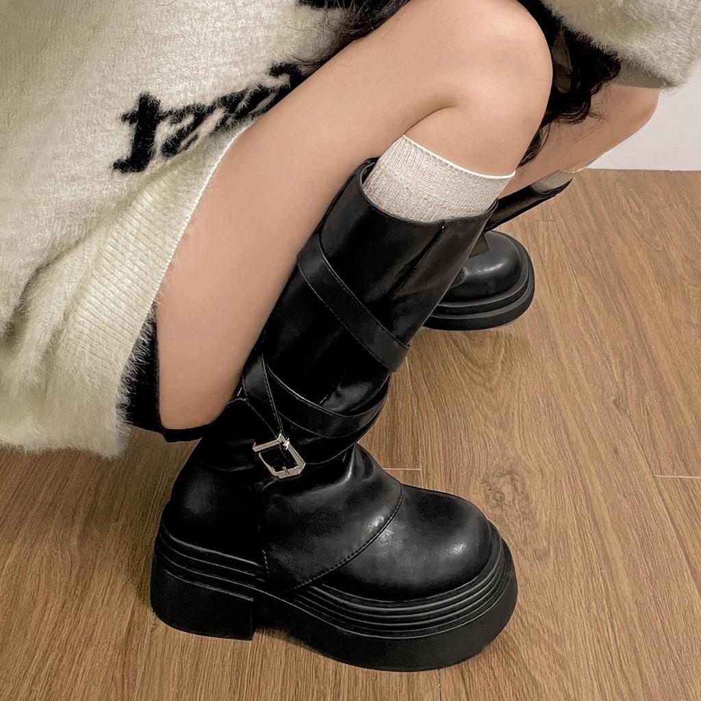Black retro small thick-soled thick-heeled boots children's boots 2025 new autumn height-increasing and thin knight boots
