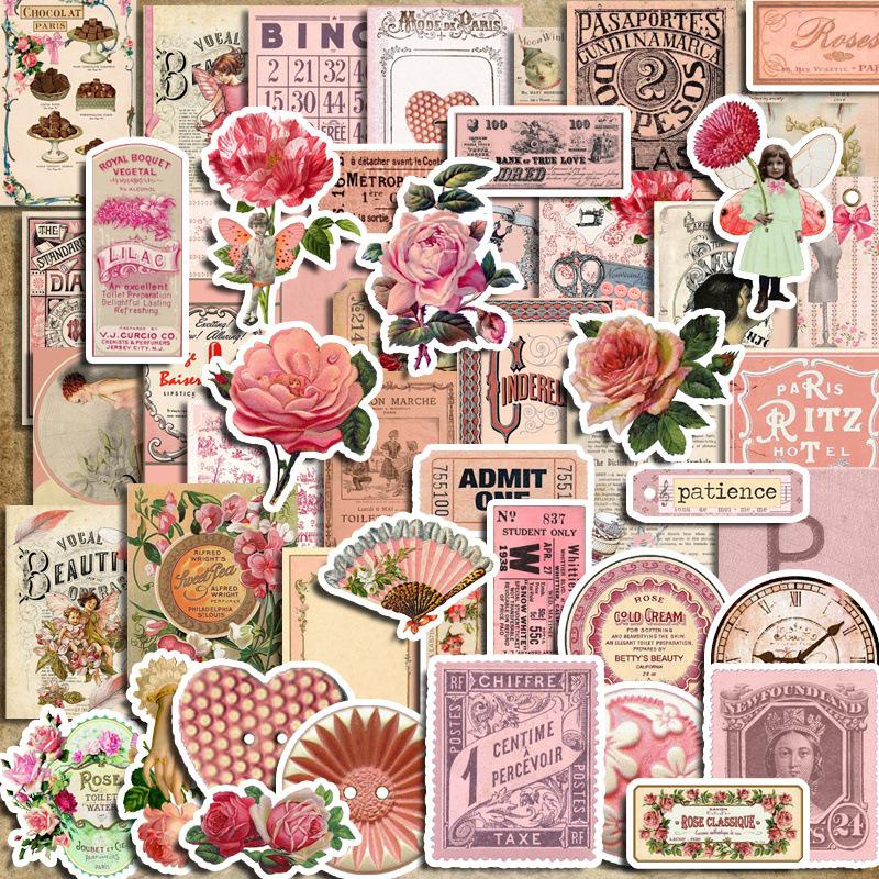 Pink Retro Flower Journal Stickers: 50 Creative Cartoon Sheets for Kids Decorations