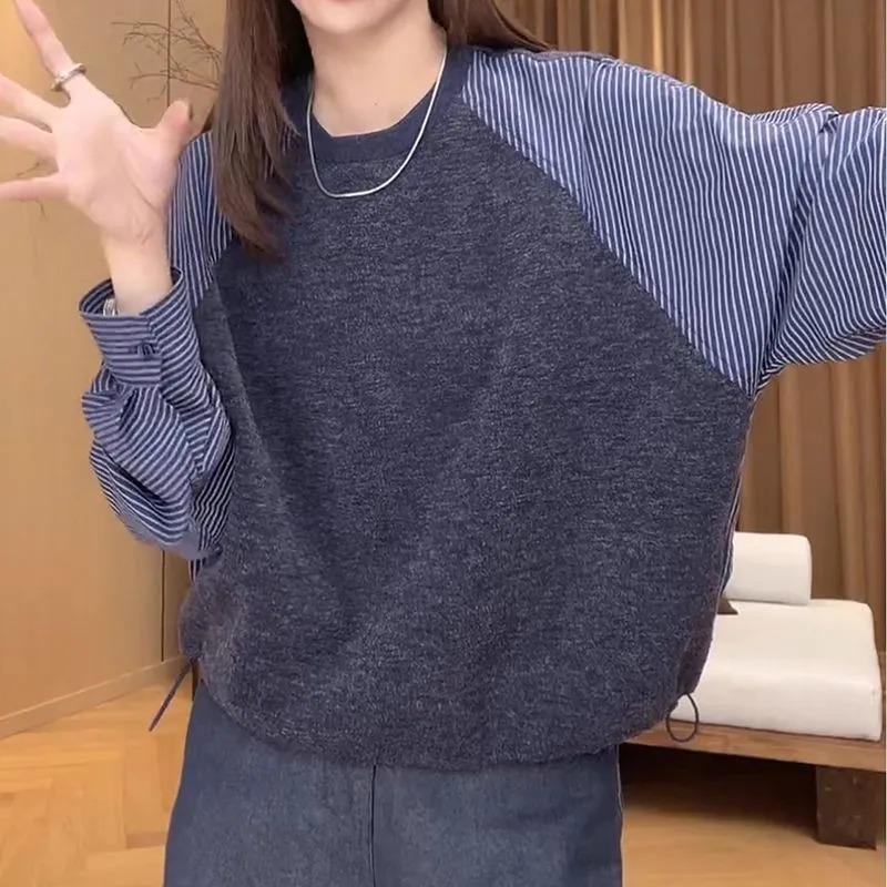 Commuting Age-reducing Hem Pleated Round-neck Shirt for Women in Spring and Autumn Casual Loose Slimming Patchwork