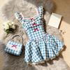 New blue and white plaid dress female sweet girl wind flying sleeves square neck lace waist thin short skirt