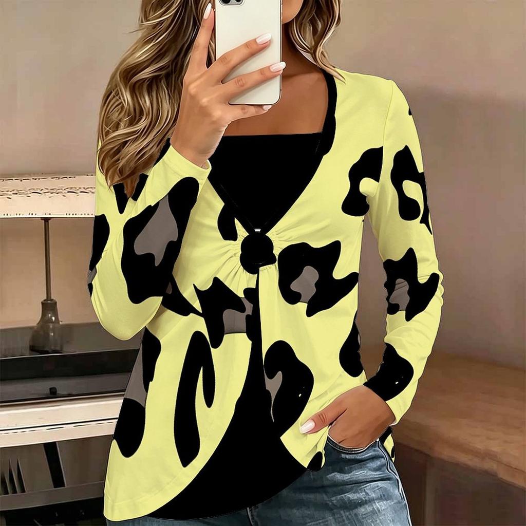 Tops for Women Leopard Print Long Sleeve Fake Two‑Piece Top Fall Casual Slim Pullover Women's Long Sleeve Top