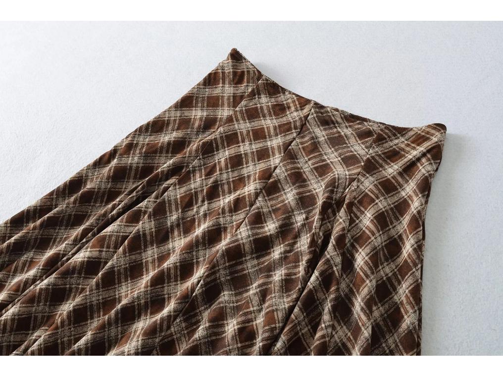 Women's High Waist Slimming A-line Brown Plaid Midi Skirt - 2025 Autumn/Winter Collection