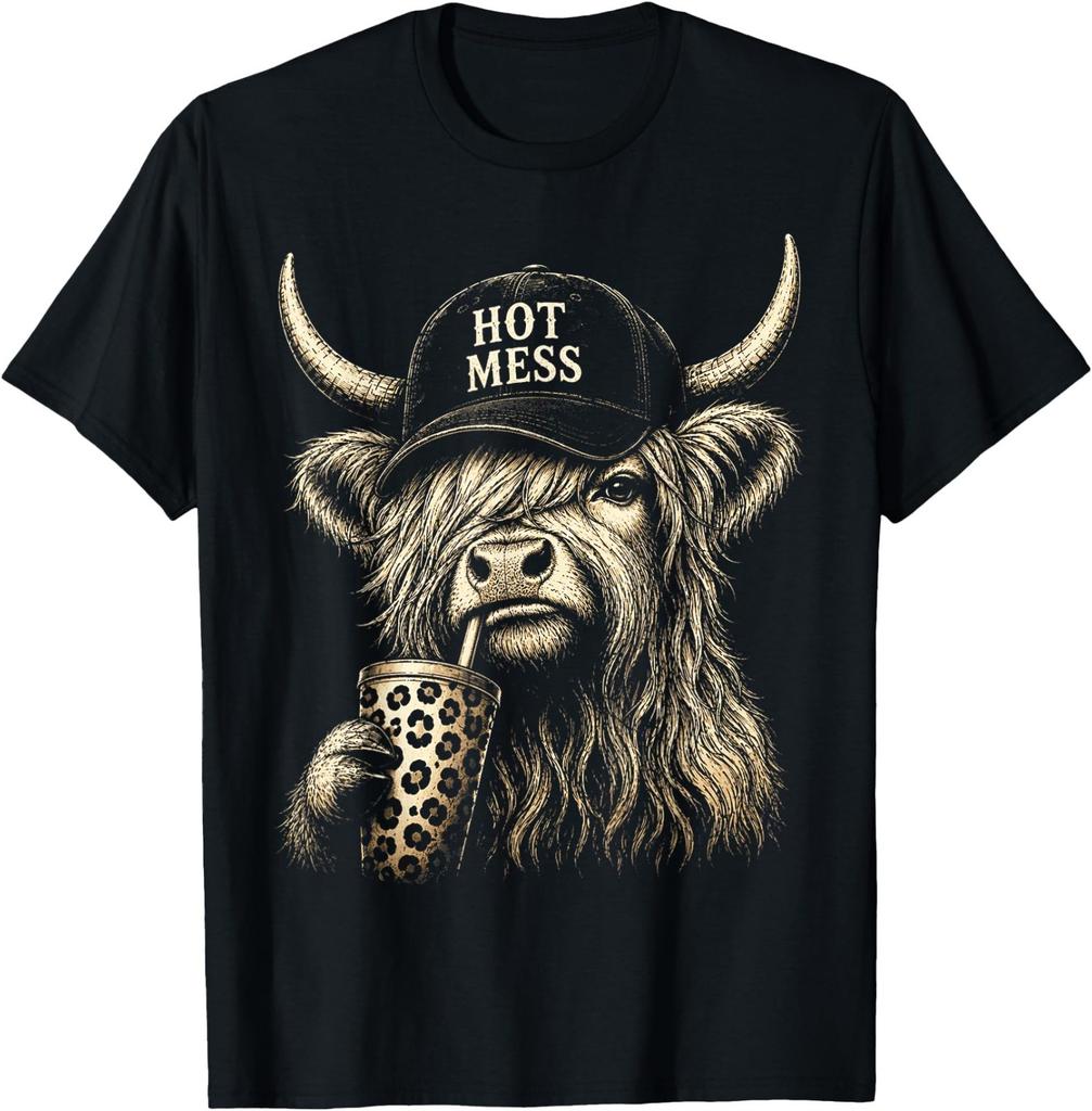 Hot Mess Highland Cow Funny Cute Coffee Lover Graphic T-Shirt