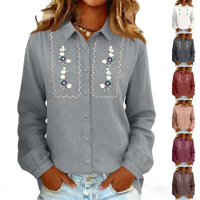 Women's Embroidery Floral Shirts Fashion Button Down Lapel Long Sleeves Casual Comfy Shirt Blouse Tops