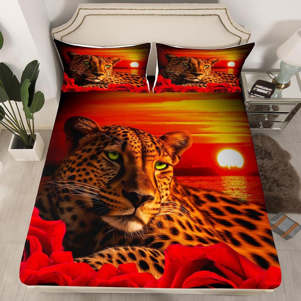 Leopard Sheet Set Cheetah Fitted Sheet African Savannah Animal Bedding Set Wildlife Leopard Print Bed Sheets for Boys Girl Youth