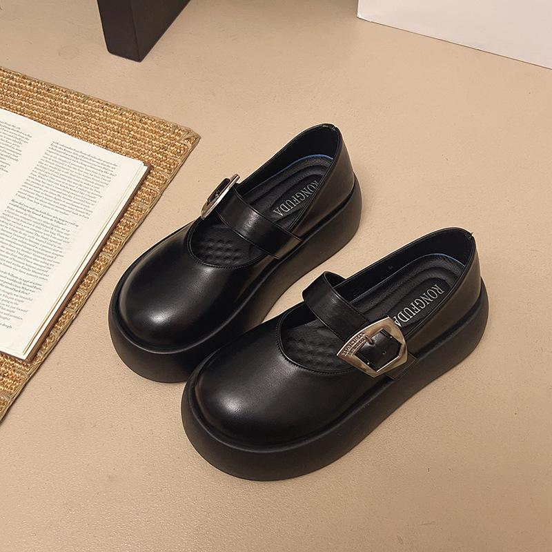 

Туфли-лодочки 2025 лето новые ретро маленькие кожаные туфли женские универсальные на утолщенной подошве с неглубоким вырезом Мэри Джейн 39 чёрный