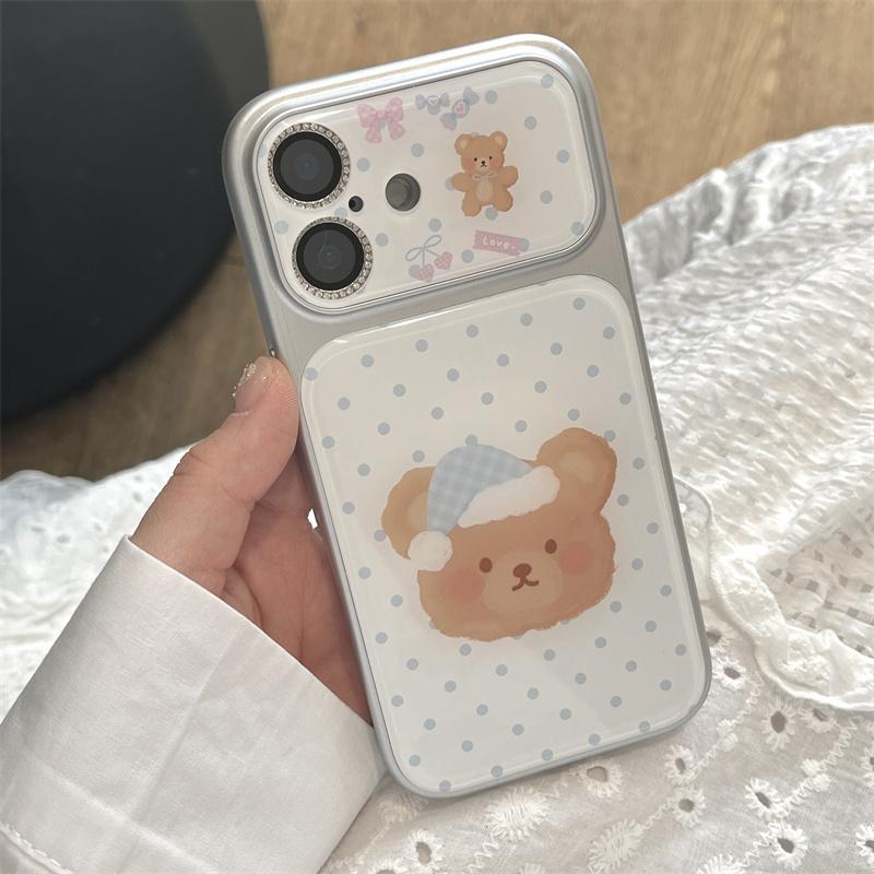 Kawaii Sleepy Bear Blue Polka Dot Clear Phone Case For iPhone 15 16 17 Pro Max INS Cute Large Window Shockproof Cover
