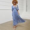Women Spring Short Lantern Sleeve Floral Print V-neck Dress Summer Casual A-Line Ankle-Length Elastic High Waist Slit Bohemian Beach Dresses