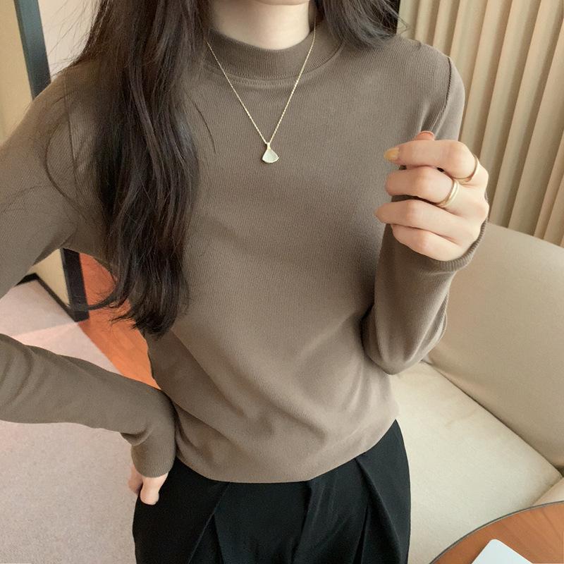 Small Stand Collar Cashmere Undercoat Women's Wear with Autumn and Winter White Long-sleeved T-shirt Slim Fit Plus Cashmere Frosted Solid Color Blouse