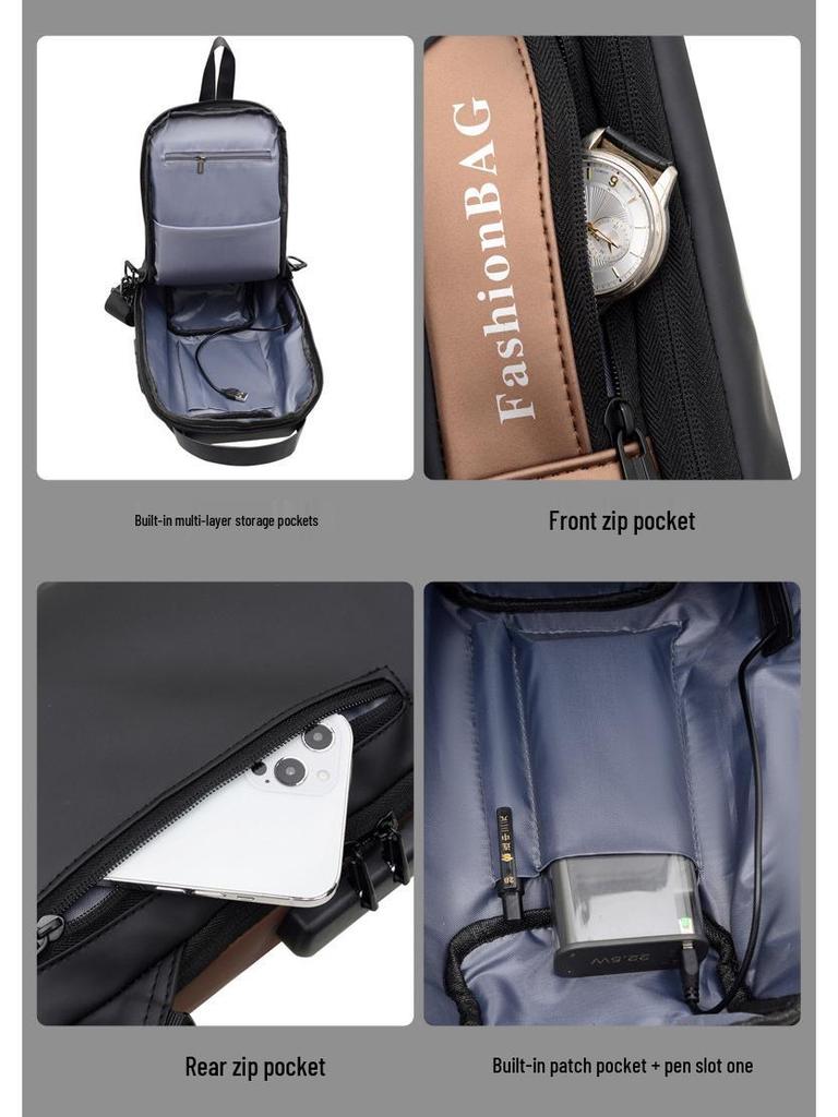 Herren Colorblock USB Brusttasche: Zahlenschloss, Handy-Umhängetasche, Fahrradrucksack