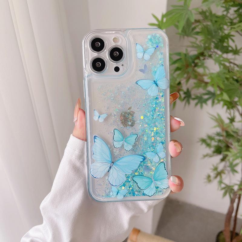 

Night Light Liquid Quicksand Butterfly Pattern Case For iPhone 16 15 Pro Max 14 Pro 13 12 11 Luminous Clear Anti-Fall Shockproof Phone Cover iPhone 16 Pro синий