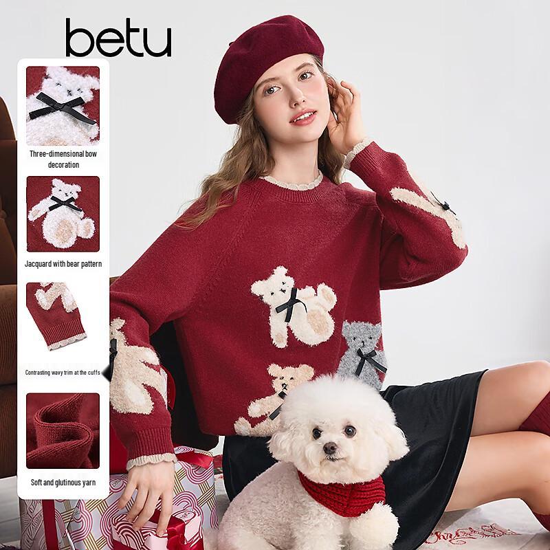 BETU Women s Round Neck Long Sleeve Bear Jacquard Sweater S