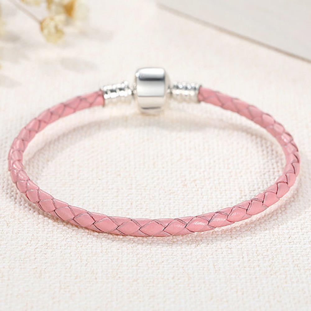 High Quality 100% S925 Sterling Silver Clasp Charm Bead Woven Leather Bracelet for Women & Children's Trendy Gift Jewelry