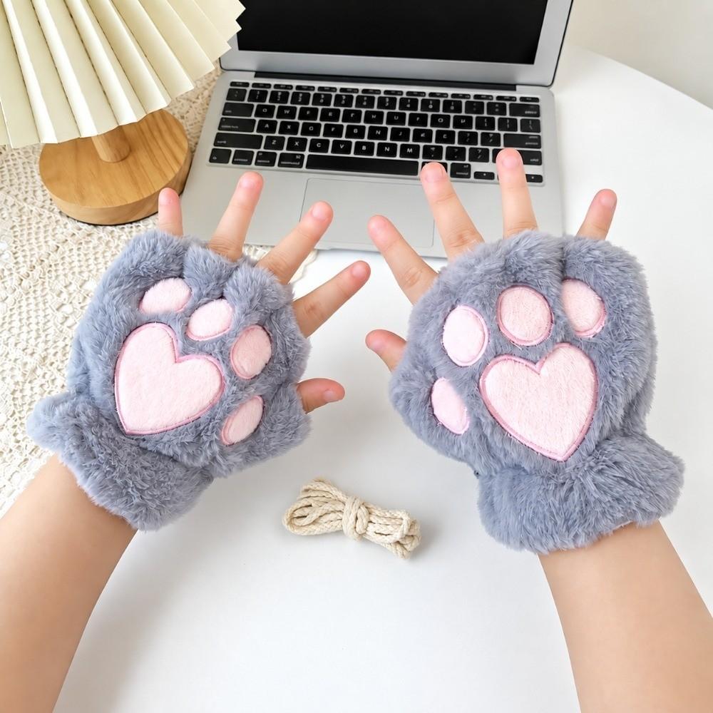 Polyester Fuzzy Half Finger Gloves Thick Plush Bear Paw Gloves Fuzzy Warm Winter Gloves  Writing