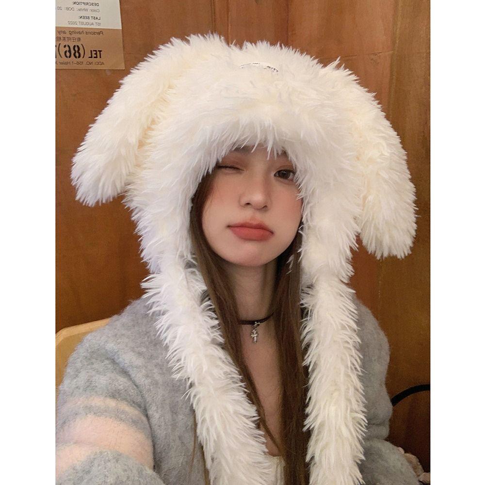 Cute Fuzzy Bunny Hat Long Rabbit Ears Winter Beanies Hats Sweet Women's Plush Caps  Ski